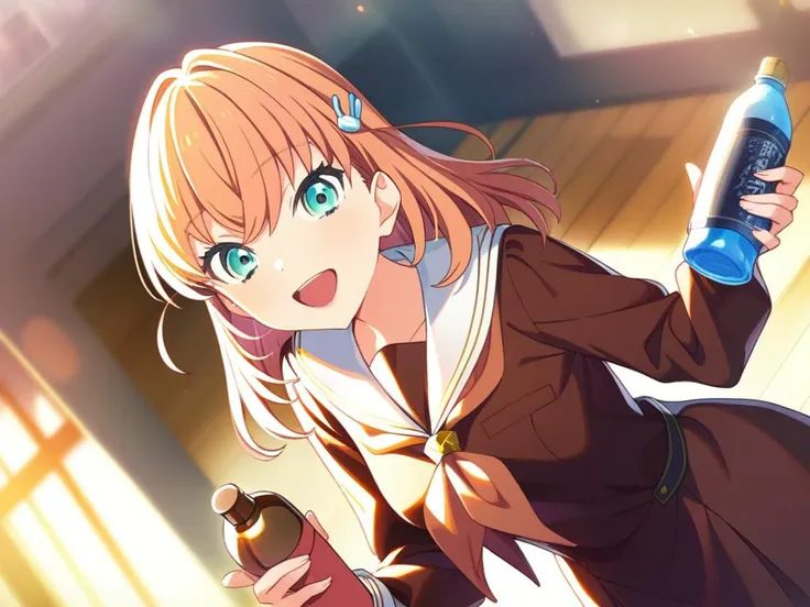 masterpiece, best quality, very aesthetic, absurdres, <lora:kaho-sdxl-000020:0.9>
hinoshita kaho, orange hair, medium hair, cyan eyes, 
school uniform, serafuku, brown dress, white collar, red bowtie, handing bottle,
happy, smile, open mouth