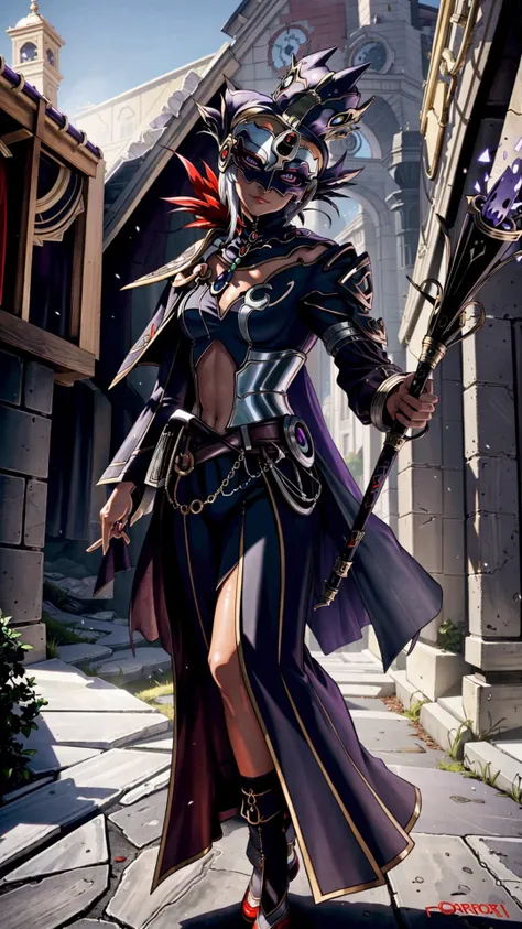 <lora:Cia-10:0.8> cia, dark skin, purple eyes, short hair, white hair, dark-skinned female, hair ornament, smirk, (plague doctor mask:1.25), BREAK, holding staff, masterpiece, best quality, extremely detailed, highly quality, 4k, sharp focus, professional, sharp focus, award winning, cinematic lighting, octane render, unreal engine, volumetrics dtx, Wallpaper,