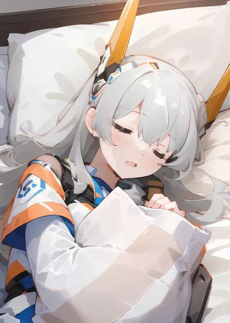 <lora:M2V1:0.9>, m2, headgear, 1girl, (lie on bed, sleeping, drooling, upper body,:1.2) , open_mouth,, ultra_detailed:1.2