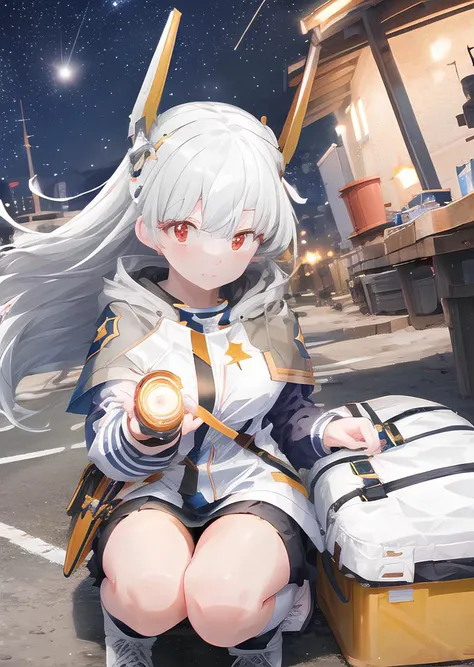 <lora:M2V1:0.85>, m2, headgear, red eyes, dynamic_angle, (starry sky, mid night:1.2), galaxy, (squat, low angle:1.1), hood, black cape, no bottoms, holding medical bag, long sleeve, blue jacket, white shirt, white boots, black socket, shoulder bag, reflection water surface,
looking at viewer, <lora:flat2:-0.7>, snow, wind, backlighting,, ultra_detailed:1.2
