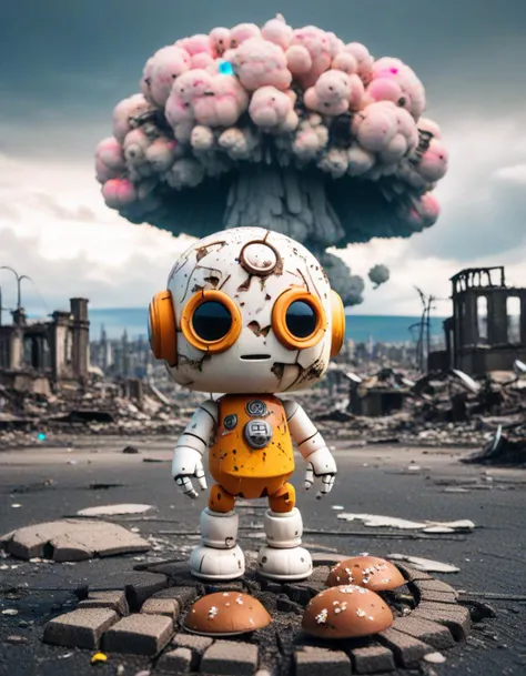 a cute sad little robot is in a post apocalyptic world,  ruins, destruction, intricate details, ultra quality, (((nuclear explosion is in background))), Mushroom cloud made from ice cream, vivid, vibrant, funny, After destroying the world,