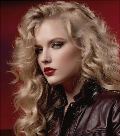 The image showcases a close-up of a american lady with wavy blonde hair, prominent makeup, and a dark-colored jacket. She has a side profile, and her gaze is directed towards the viewer. The background is predominantly red, adding a dramatic and intense feel to the overall composition.<lora:Virgirl-000029:0.8>