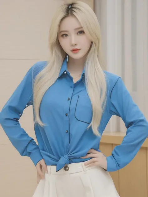 an attractive chinese girl idol , white-blonde hair, long hair, solo, lips, long sleeves, indoors, hands on hips, upper body, parted lips, blue eyes, shirt, sleeves past wrists, blue long sleeve shirt,