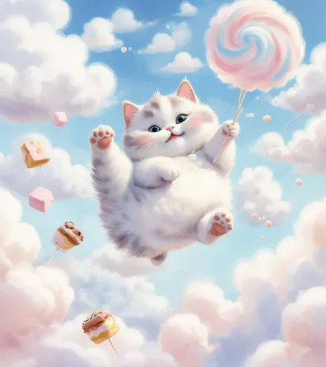 Award winning, masterpiece, High detail, Ethereal, whimsical illustration, pastel colors, dreamlike setting, A chubby little Kitten, inverted, floating in mid-air, surrounded by fluffy white clouds, tender expressions, sweet treats like cotton candy swirling around it, gentle watercolor strokes, soft focus, ethereal lighting, whimsical ambiance. Pixar, animated, whimsical, exaggerated, stylized,close up,upper body:1,