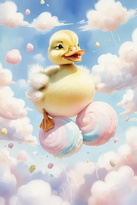 Award winning, masterpiece, High detail, Ethereal, whimsical illustration, pastel colors, dreamlike setting, A chubby little duckling, inverted, floating in mid-air, surrounded by fluffy white clouds, tender expressions, sweet treats like cotton candy swirling around it, gentle watercolor strokes, soft focus, ethereal lighting, whimsical ambiance. Pixar, animated, whimsical, exaggerated, stylized,close up,upper body:1,