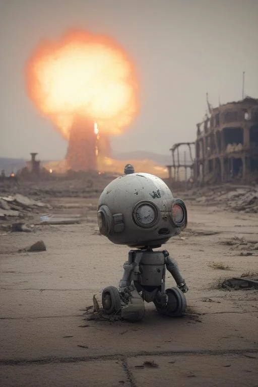 a cute sad little robot is in a post apocalyptic world, ruins, destruction, intricate details, ultra quality, (((nuclear explosion in background))), vivid, vibrant, funny