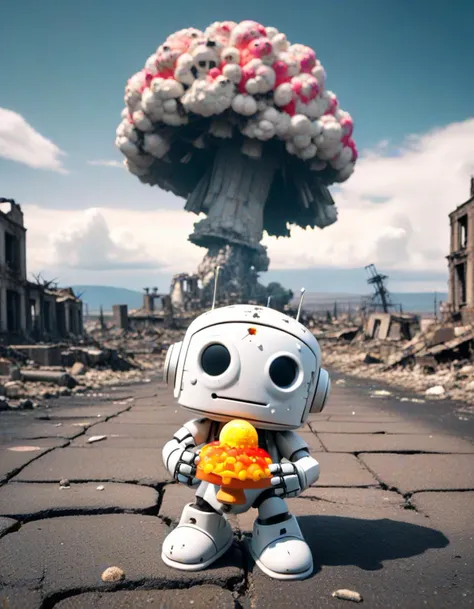 a cute sad little robot is in a post apocalyptic world,  ruins, destruction, intricate details, ultra quality, (((nuclear explosion is in background))), Mushroom cloud made from ice cream, vivid, vibrant, funny, After destroying the world,