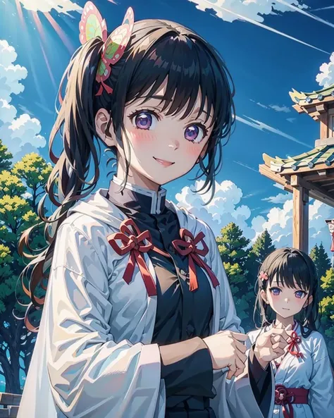 <lora:tsuyuri:1>, tsuyuridef, standing, upper body, smile, blush, outdoors, day, simple background, blue sky, sky, temple, looking at viewer, moody lighting, facing viewer,look at viewer