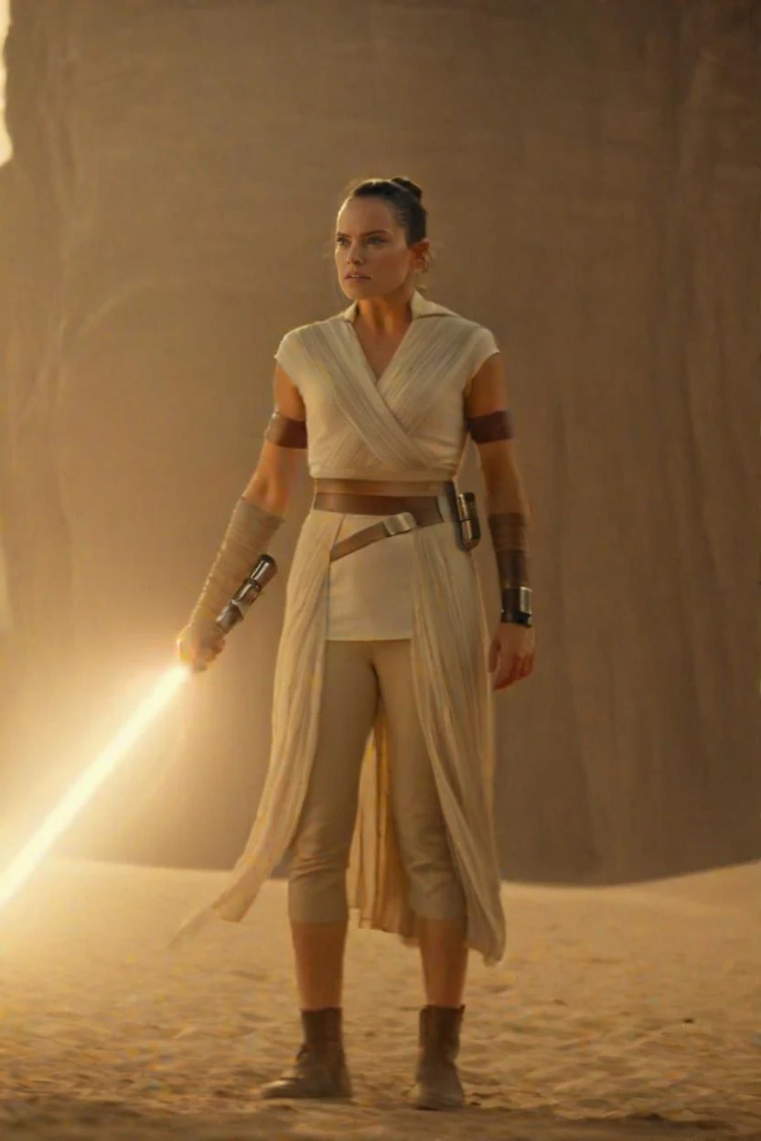 cinematic film still rey, jedi, lightsaber, full body, at ahn'qiraj <lora:Rey_XL:0.8> . shallow depth of field, vignette, highly detailed, high budget Hollywood movie by luca guadagnino, bokeh, cinemascope, moody, epic, gorgeous, film grain, grainy