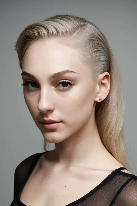 (CR-Skyl4rVoxe-Denche354:0.9), portrait of woman, grey background, (undercut hair:1.1), (tilted angle shot:1.1),