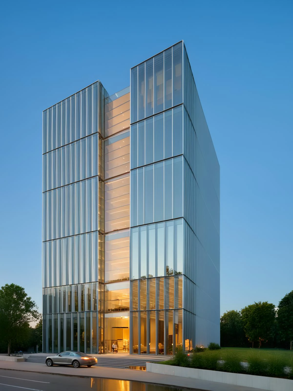 <lora:JJsOfficeBuilding_XL:1>, ((masterpiece)) , ((best quality)), ((Office Building)), outdoors, tree, blue sky, ground vehicle, building, scenery, motor vehicle, walking, city, car, road, lamppost, street, real world location,
glass, reflection, golden hour, stainless, curtain wall, golden ratio,