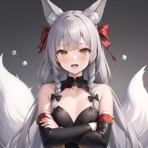 (masterpiece, best quality:1.2),illustration,8k,hd,1girl,solo,cowboy shot,asanagi (azur lane),animal ears,very long hair,thighhighs,fox tail,tail,yellow eyes,open mouth,wide sleeves,braid,fox ears,detached sleeves,crossed arms,black thighhighs,leotard,japanese clothes,bangs,grey hair,fox girl,ribbon-trimmed sleeves,bow,small breasts,skirt,ribbon trim,fang,hair bow,bare shoulders,twin braids,:d,long sleeves,bell,jingle bell,blush,highleg,black leotard,<lora:Asanagi(azur):0.3>,