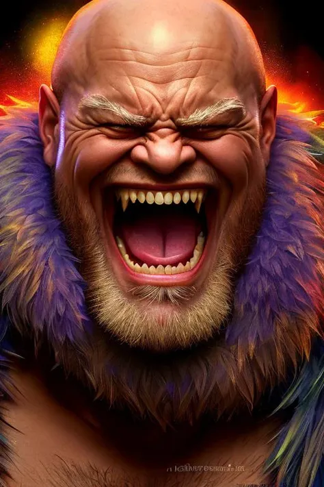 a portrait of a laughing, toxic, muscle, god, elder, (hdr:1.28), bald, hyperdetailed, cinematic, warm lights, intricate details, hyperrealistic, dark radial background, (muted colors:1.38), (neutral colors:1.2)