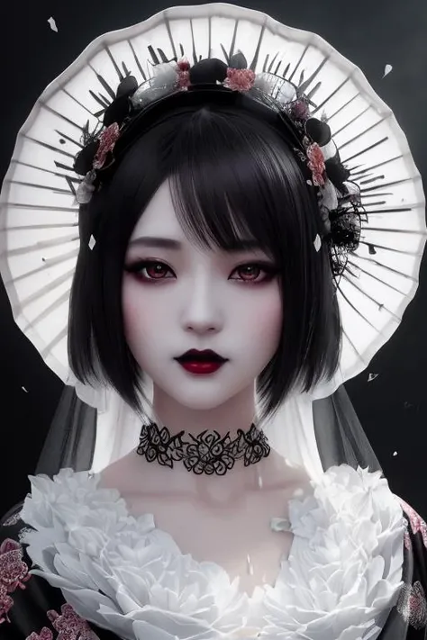 illustration of a japanese woman, black lipstick, made of milk, liquid dress, wine splash, detailed face, intricate, elegant, sharp focus, photo by greg rutkowski, soft lighting, vibrant colors, masterpiece, detailed face, detailed face, detailed eyes, flower hat, white veil