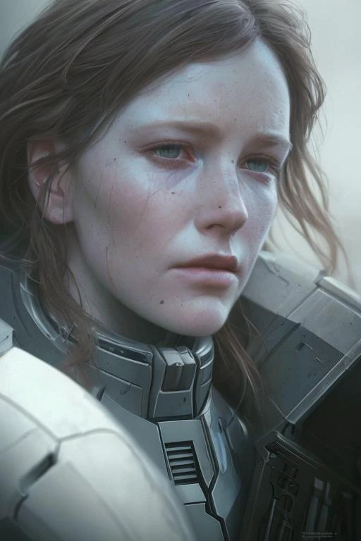 portrait by Ridley Scott of detailed sci-fi soldier cinematic shot on canon 5d ultra realistic Rory Lewis Artgerm WLOP Jeremy Lipking Jane Ansell, really depressing