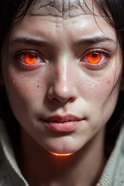 Movie, ((Face close up)), best quality, clear graphics, torch light, (The detail is clear to every hair on the face), 1girl, demonic, evil, nsfw, sexy woman, eye depth, (brother moons), (dead space) ,science fiction, (beautiful glowing red eyes), photo realistic, 20 megapixel, nikon d850, ((vibrant, photo realistic, realistic, dramatic, sharp focus, 8k)), (faded freckles:0.6), subsurface scattering, sharp, retouched, intricate detail, by Greg Rutkowski, by (Jeremy Lipking,:0.8), ((junji ito)), by ralph bakshi,((Silent Hill)), H.R. Giger, Beksinski