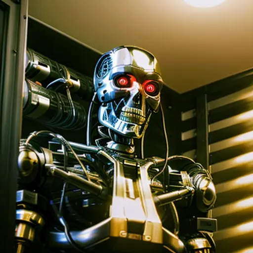 a t800 endoskeleton in a closet, close up, photorealistic, realistic, wires connected, wires hanging from the ceiling, lots of wires, dark, horror, frightening, glowing red eyes, t800, endoskeleton, industrial lighting, datacenter