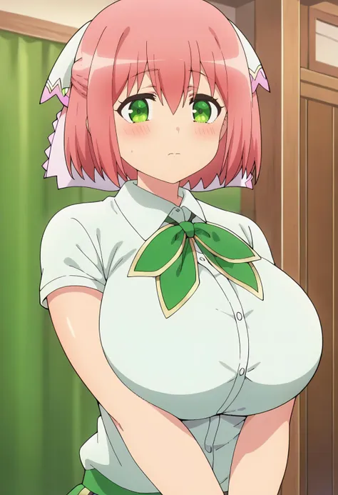 <lora:epoch-000010:0.9> hanabata nohkins, pink hair, short hair, blush,  1girl, green eyes, solo, hair between eyes, huge breasts,      short sleeves, collared shirt, hair ribbon , white shirt, ribbon, looking at viewer, score_9, score_7_up,anime coloring ,source_anime, anime