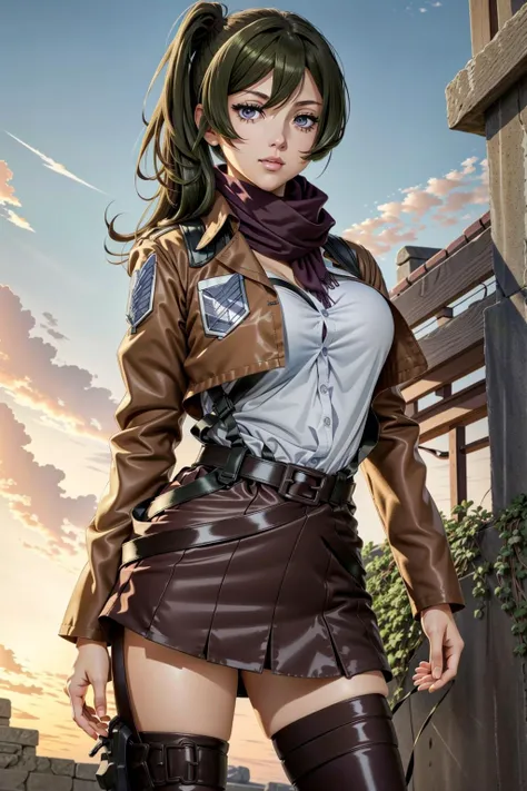 <lora:mikasa:0.8>survey corps \(emblem\), thigh strap, harness,boots, leather skirt,white pants, white shirt,full body, standing, belt, red scarf, open jacket, brown jacket, cropped jacket, <lora:Ð£Ð±ÐµÐ»Ñ Ð¤ÑиÑен(ubel,long hair,side ponytail,hair between eyes,bangs,big breasts,purple eyes(Ñм одеждÑ):0.7>ubel,long hair,side ponytail,hair between eyes,bangs,big breasts,purple eyes, anime style, anime colors,detailed anime,animeHD, anime eyes, bigger eyes, high quality anime, large anime pupils, 1girl (in full growth), best quality, masterpiece, ultra-detailed, high quality,perfect anatomy, (perfect full body), (detailed full body), good eyes, perfect face, pretty face,(beautiful and aesthetic:1.2),beautiful eyes, anime eyes, detailed eyes,Exquisite visuals, high-definition,