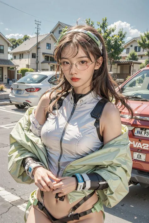 Quiet suburban neighborhood, 1 girl, deva battle suit <lora:DevaBattleSuitV1:0.8> headgear