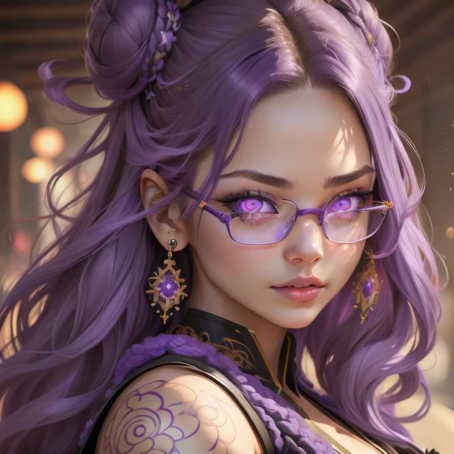 muscular 1girl, solo focus, (detailed face and Purple Eyes:1.4), (detailed lips:1.4), lineart, (realistic:0.4), Hanfu, 1girl, 1Girl, Mature female, Adult, Big Breasts, Calm, Distant expression, Long Hair, Triple Bun, Streaked Hair, Pink Hair, Brown Hair, Star Earrings,Rimless Glasses, <lora:insanevoid2:0.7> insanevoid, glowing eyes, extra eyes, horror \(theme\),