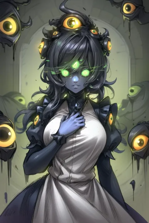 ((best quality)), ((highly detailed)), masterpiece, (detailed eyes, deep eyes), (1girl), cowboy shot, <lora:hairdetailer:.9>, <lora:aiomonstergirls_loraLocon:.4>, ((shoggoth)), maid, body horror, (tentacles), ((extra eyes)), spiral eyes, @.@, glowing eyes, Poppy colored eyes, (colored skin), (dark_purple colored skin), glowing portal,glowing runes, lovecraftian, <lora:solidEyes_v70:1>, solid eyes, colored sclerae, (in a mansion), <lora:insanevoid:.9>, insanevoid, glowing