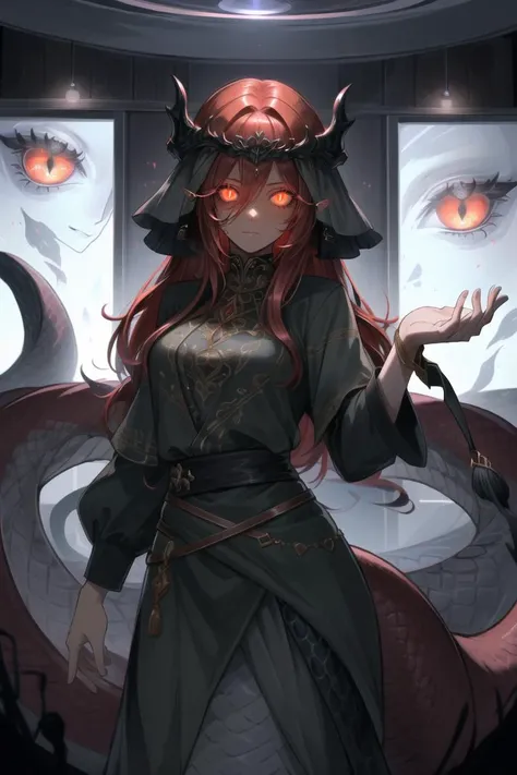 ((best quality)), ((highly detailed)), masterpiece, extremely detailed face, beautiful face, (detailed eyes, deep eyes), (1girl), cowboy shot, <lora:hairdetailer:.7>, <lora:aiomonstergirls_loraLocon:.2>, <lora:animeLamia_v10:1>, (lamia), scales, tail, merged at waist, standing, (red hair), <lora:slit-pupils:1>, snake eyes, (inside, in a casino), <lora:insanevoid2:.9>, insanevoid, glowing, (glowing eyes), ((extra eyes)), horror \(theme\)