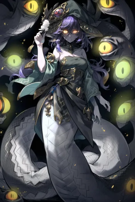 ((best quality)), ((highly detailed)), masterpiece, detailed face, beautiful face, (detailed eyes, deep eyes), (1girl), (glasses), full body, ((bandeau)), <lora:hairdetailer:1>, <lora:aiomonstergirls_loraLocon:.5>, <lora:animeLamia_v10:1>, (lamia), scales, tail, merged at waist, standing, (Baby powder white scales), <lora:slit-pupils:1>, snake eyes, (in a mansion), <lora:insanevoid:.9>, insanevoid, glowing, (glowing eyes), ((extra eyes)), heterochromia, horror \(theme\)