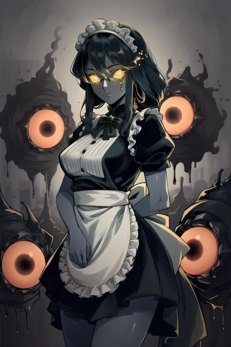 ((best quality)), ((highly detailed)), masterpiece, (detailed eyes, deep eyes), (1girl), (glasses), cowboy shot, <lora:aiomonstergirls_loraLocon:1>, ((shoggoth)), maid, body horror, (tentacles), ((extra eyes)), glowing eyes, Dark goldenrod colored eyes, (colored skin), (grey colored skin), lovecraftian, <lora:solidEyes_v70:.9>, solid eyes, colored sclerae, <lora:insanevoid2:1>, insanevoid, glowing, (on an active volcano)