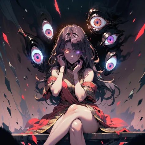 (1girl, long hair, collar, red eye purple eye heterochromia, glowing, glowing eyes, flustered) (digital) ( crossed legs indian style in detailed asteroid, (Shalwar Kameez)) , best quality, <lora:boldline:0.2> <lora:hairdetailer:0.2> insanevoid <lora:insanevoid:0.9>