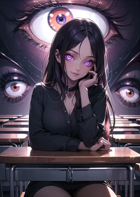 (1girl, long hair, collar, purple eyes, glowing, glowing eyes, extra eyes, horror \(theme\), happy) (digital) ( in detailed classroom, (Blouse)) , best quality, <lora:boldline:0.2> <lora:hairdetailer:0.2> insanevoid <lora:insanevoid2:0.8>