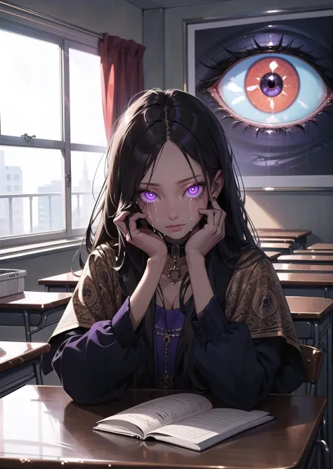 (1girl, long hair, collar, purple eyes, glowing, glowing eyes, extra eyes, dark, horror \(theme\), sobbing) (digital) (resting in detailed classroom, (Surcoat)) , best quality, <lora:boldline:0.2> <lora:hairdetailer:0.2> insanevoid <lora:insanevoid2:0.8>