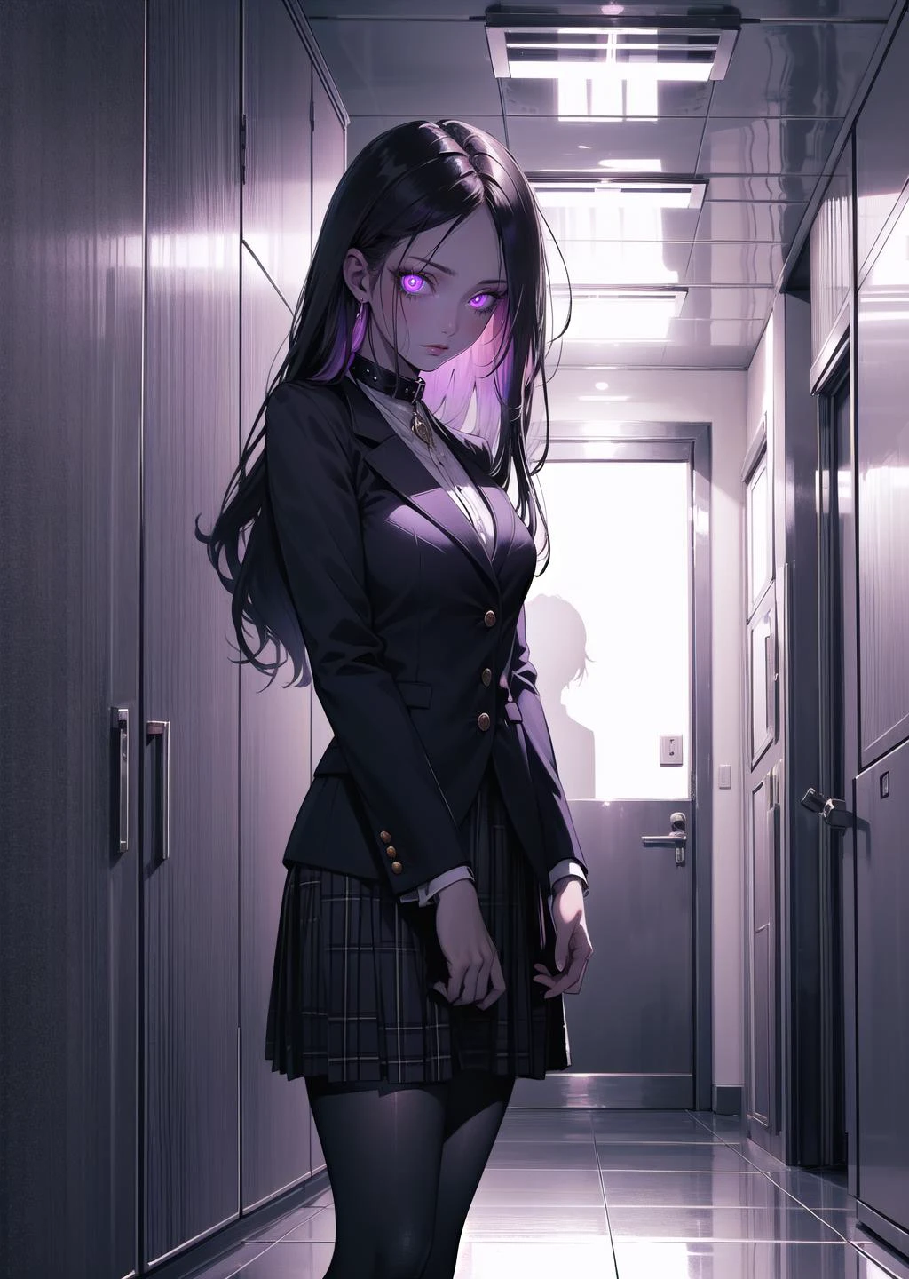 (1girl, long hair, collar, purple eyes, glowing, glowing eyes, extra eyes, dark, horror \(theme\), depressed) (digital) ( in detailed hallway, (skirt suit)) , best quality, <lora:boldline:0.2> <lora:hairdetailer:0.2> insanevoid <lora:insanevoid2:0.8>