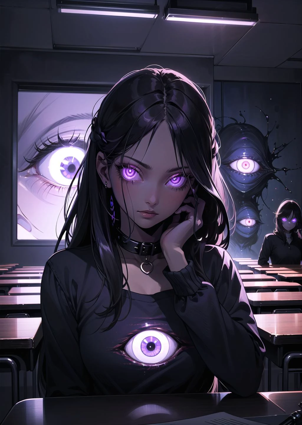 (1girl, long hair, collar, purple eyes, glowing, glowing eyes, extra eyes, horror \(theme\), serious) (digital) ( in detailed classroom, (Twinset)) , best quality, <lora:boldline:0.2> <lora:hairdetailer:0.2> insanevoid <lora:insanevoid2:0.8>