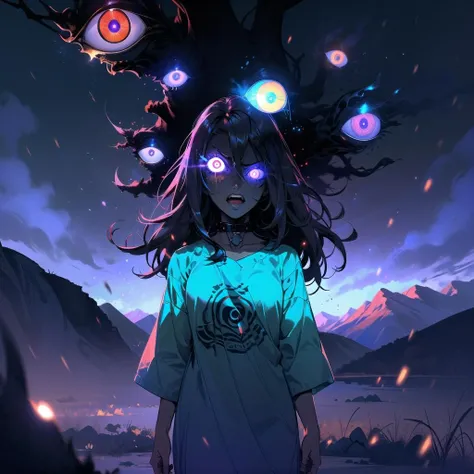(1girl, long hair, collar, red eye purple eye heterochromia, glowing, glowing eyes, anger vein) (digital) ( in detailed mountain, (Nightshirt)) , best quality, <lora:boldline:0.2> <lora:hairdetailer:0.2> insanevoid <lora:insanevoid:0.9>