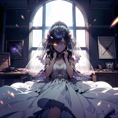 (1girl, long hair, collar, red eye purple eye heterochromia, glowing, glowing eyes, closed eyes) (digital) ( lying in detailed workshop, (Wedding Dress)) , best quality, <lora:boldline:0.2> <lora:hairdetailer:0.2> insanevoid <lora:insanevoid:0.9>