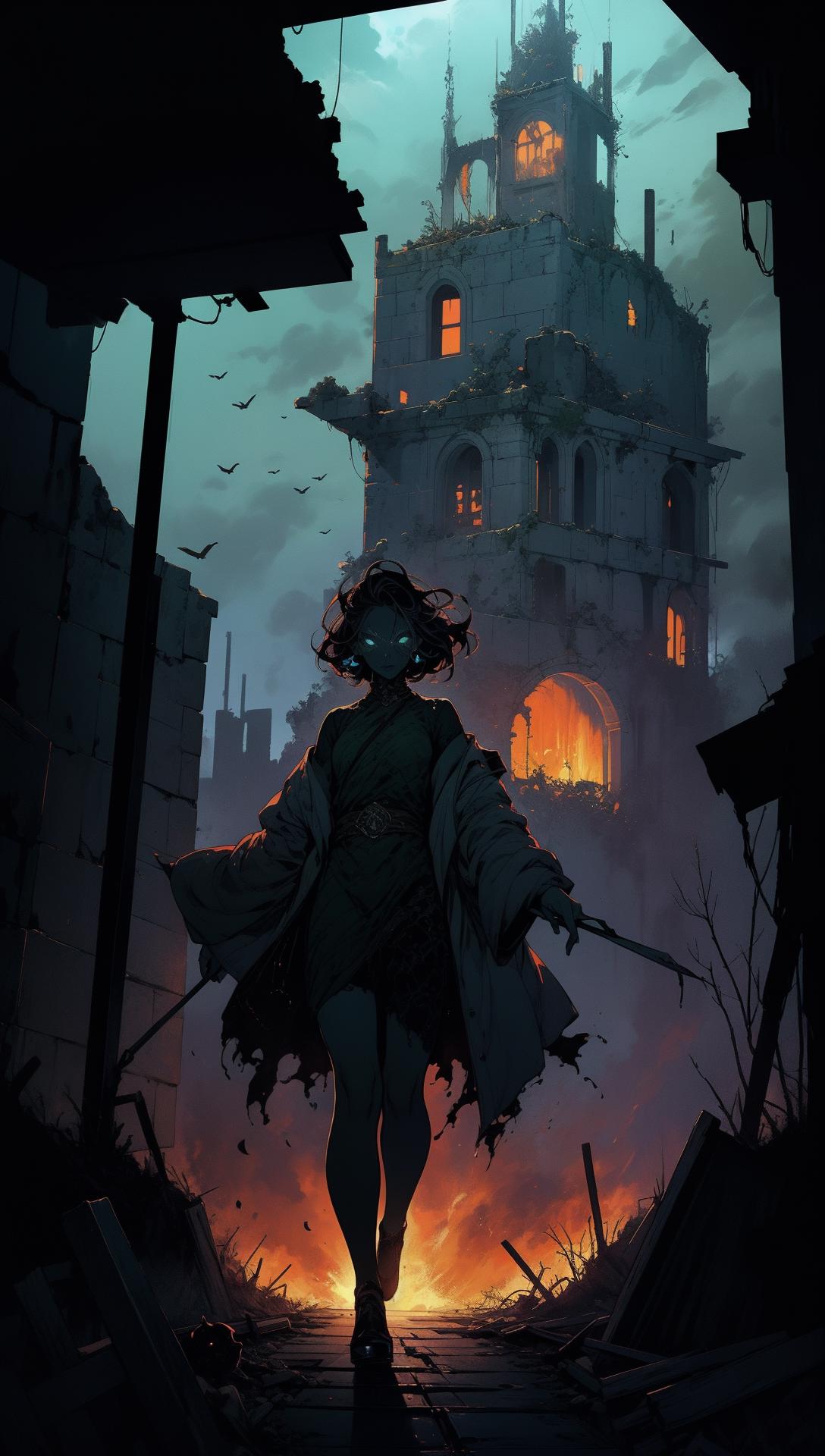 A woman in a trench coat walking through a ruined city - SeaArt AI
