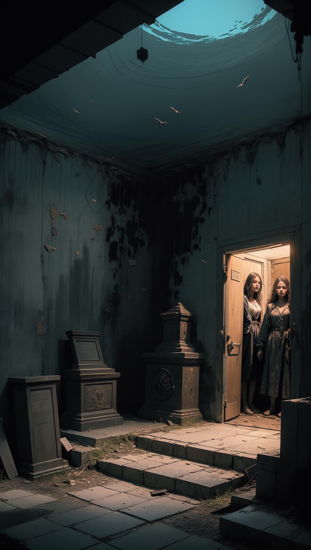 A couple of people standing in a doorway of a building - SeaArt AI