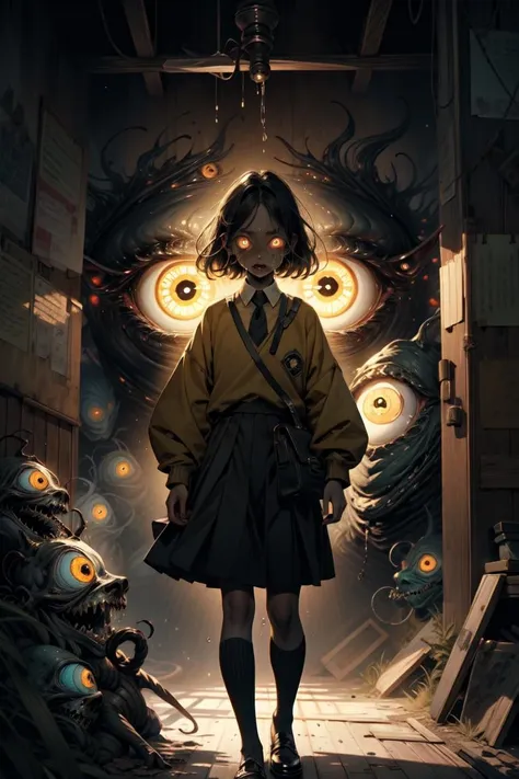 1girl, standing, tears, sweat drips, yellow sweater, black tie, school uniform,  yellow detailed eyes, long black hair, big eyes, (open mouth:0.1), detailed pupils, hdr shadows, dark spirits , horror background, shadow monsters, creepy monsters,, horror \(theme\),insanevoid <lora:insanevoid2:1>extra eyes