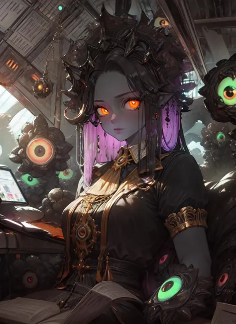 ((best quality)), ((highly detailed)), masterpiece, absurdres, extremely detailed face, beautiful face, (detailed eyes, deep eyes), <lora:more_details:.4>, (1girl), upper body, <lora:aiomonstergirls_loraLocon:1>, (((shoggoth))), maid, body horror, (tentacles), ((extra eyes)), glowing eyes, Canary yellow colored eyes, heterochromia, (colored skin), (grey colored skin), glowing portal, lovecraftian, <lora:insanevoid2:.9>, insanevoid, glowing, (at an airship, prt, afternoon), <lora:urachan1629:.9>, urachan1629, flat colors