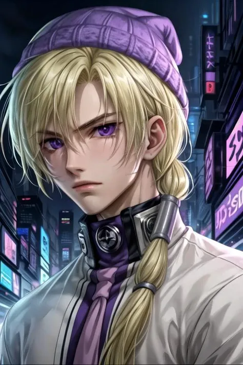 masterpiece, best quality, wallpaper, 1boy, solo, male focus, looking at viewer, upper body, , <lora:hakuren_oak:0.68>, hakuren_oak, blonde hair, purple eyes, , beanie, cyberpunk, 16k resolution