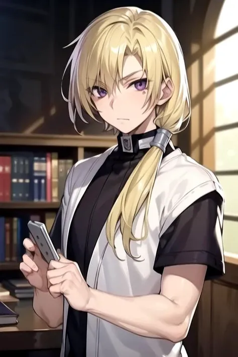 masterpiece, best quality, wallpaper, 1boy, solo, male focus, looking at viewer, upper body, depth of field, <lora:hakuren_oak:0.68>, hakuren_oak, blonde hair, purple eyes, crew neck t-shirt, , dieselpunk,