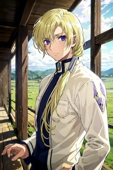 masterpiece, best quality, photorealistic, 1boy, solo, male focus, looking at viewer, upper body, depth of field, <lora:hakuren_oak:0.70>, hakuren_oak, blonde hair, purple eyes, easter costume, biopunk,