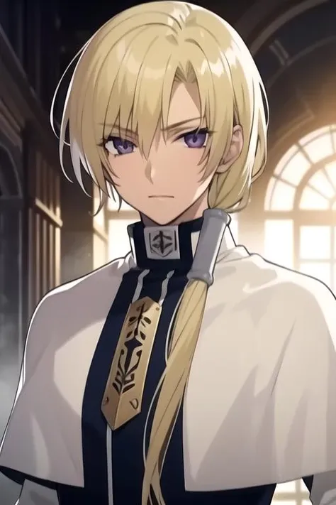 masterpiece, best quality, , 1boy, solo, male focus, looking at viewer, upper body, depth of field, <lora:hakuren_oak:0.68>, hakuren_oak, blonde hair, purple eyes, , The Valley of the Lost, High resolution