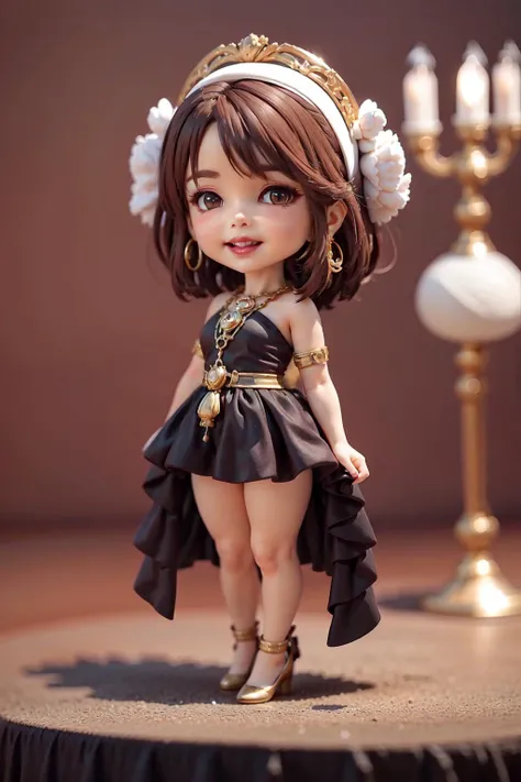 masterpiece,realistic,extremely intricate,extremely delicate,hyperrealistic render,best quality,highres,extremely detailed CG,perfect lighting,intricate detail,(full body:1.3),solo,1girl,light smile,upper teeth,lipstick,colorful eyeshadow,standing,brown hair,short hair,brown eyes,black long dress,Haute Couture,gem,corsage,jewelry,shiny skin,thighs,gold necklace,hoop earrings,(banquet:1.3),Cinematic Lighting,<lora:chibi_full-body_blindboxV1Mix:1.2>,chibi,high heels,