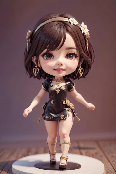 masterpiece,realistic,extremely intricate,extremely delicate,hyperrealistic render,best quality,highres,extremely detailed CG,perfect lighting,intricate detail,(full body:1.3),solo,1girl,light smile,upper teeth,lipstick,colorful eyeshadow,standing,brown hair,short hair,brown eyes,black long dress,Haute Couture,gem,corsage,jewelry,shiny skin,thighs,gold necklace,hoop earrings,(banquet:1.3),Cinematic Lighting,<lora:chibi_full-body_blindboxV1Mix:1.2>,(chibi:1.2),high heels,