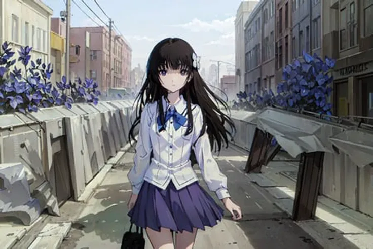 (masterpiece,best quality,ultra-detailed:1.6),illustration, 1girl, solo, purple eyes, hair flower, school uniform, purple bow tie, town, street, <lora:SankaRea-Rea-release-1.0:0.8>,