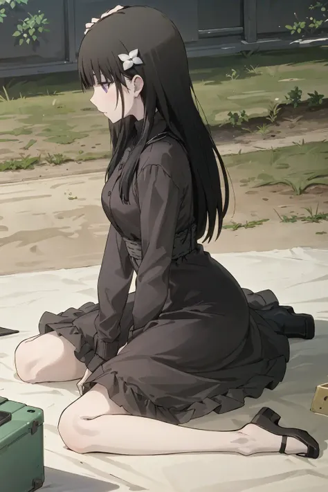 masterpiece, best quality, 1girl, solo, purple eyes, (dark long dress: 1.5), yokozuwari, from side, <lora:SankaRea-Rea-release-1.0:0.8>
