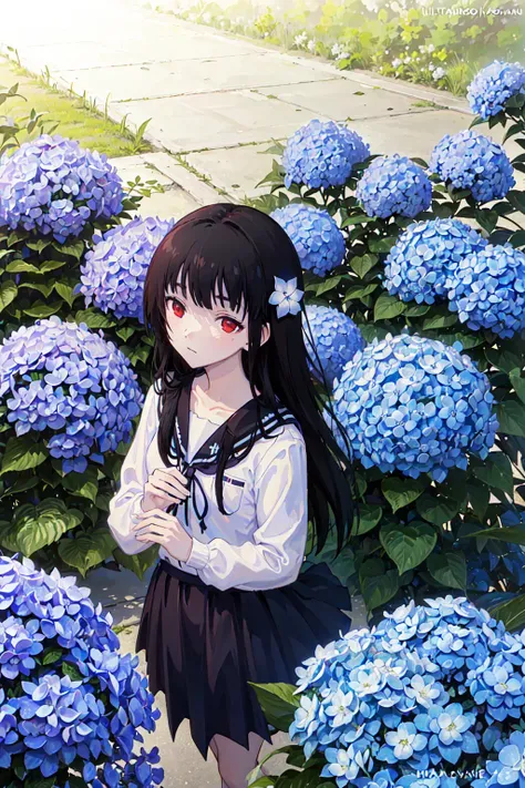 (masterpiece,best quality,ultra-detailed:1.6),illustration, 1girl, solo, red eyes, hair flower, school uniform, serafuku, hydrangea, garden, from above, <lora:SankaRea-Rea-release-1.0:0.6>,