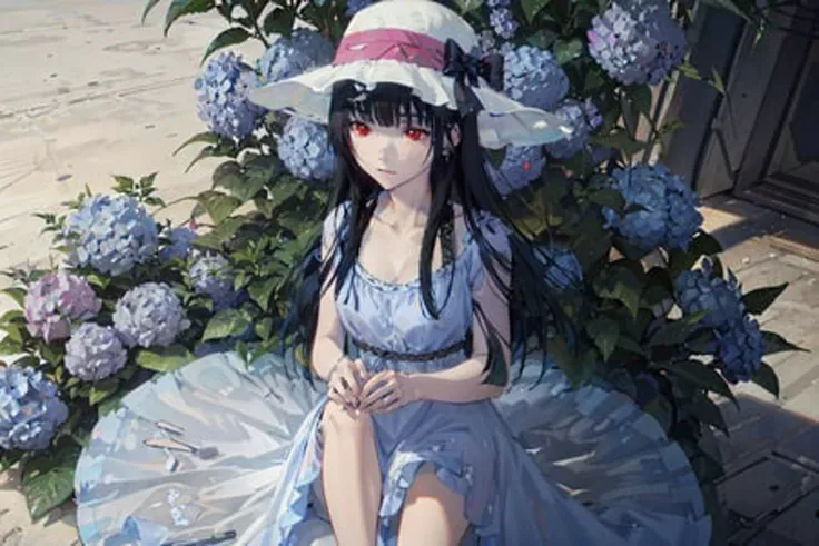 masterpiece, best quality, 1girl, solo, red eyes, (blue sundress: 1.5), sun hat, bare shoulders, collarbone, hydrangea, <lora:SankaRea-Rea-release-1.0:0.8>,